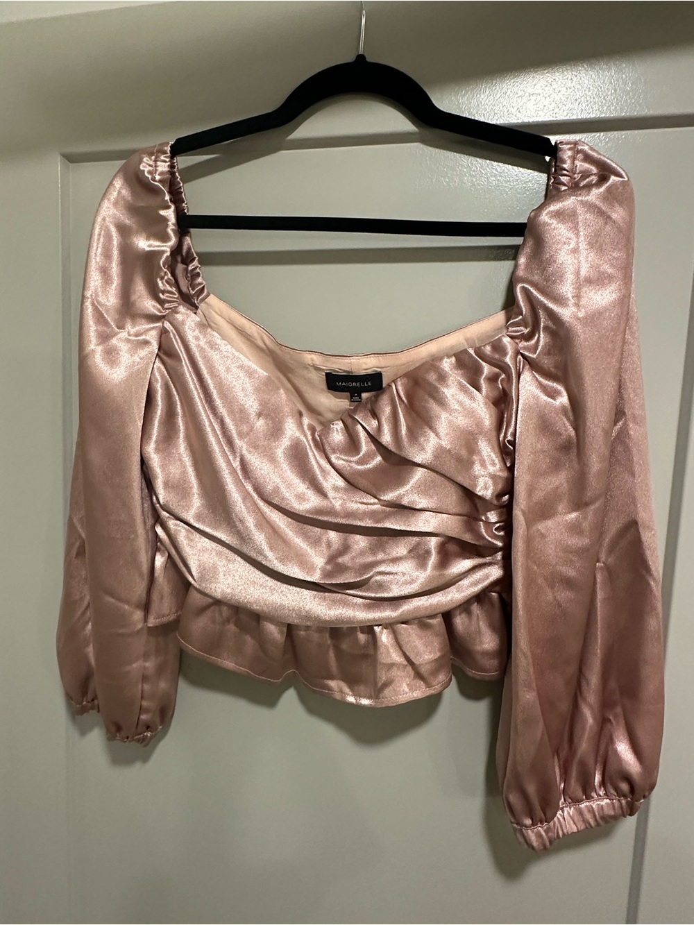 MAJORELLE Rose Pink Satin Puff-Sleeve Draped Blouse